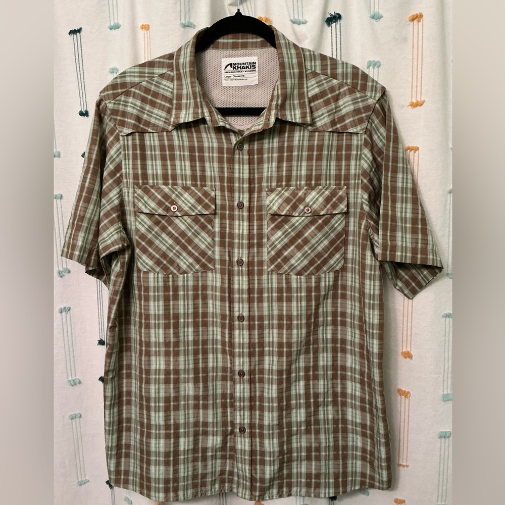 Mountain Khakis Brown and Light Green Plaid Short-Sleeve Button-Up
